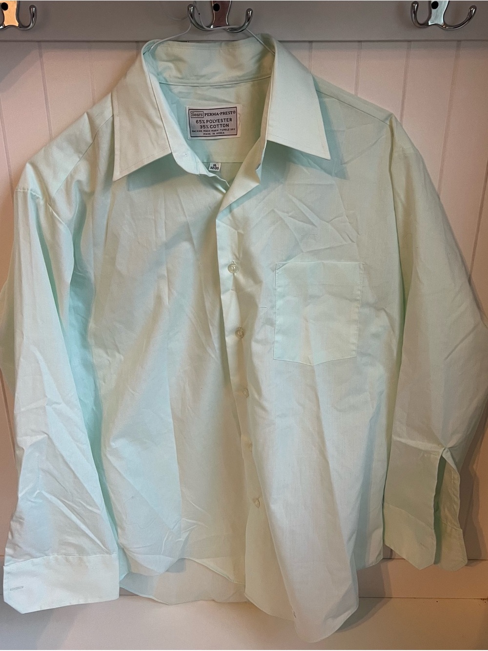 Vintage Sears Perma-Prest Shirt Mens 16 Light Green F Long Sleeve Dress 70s